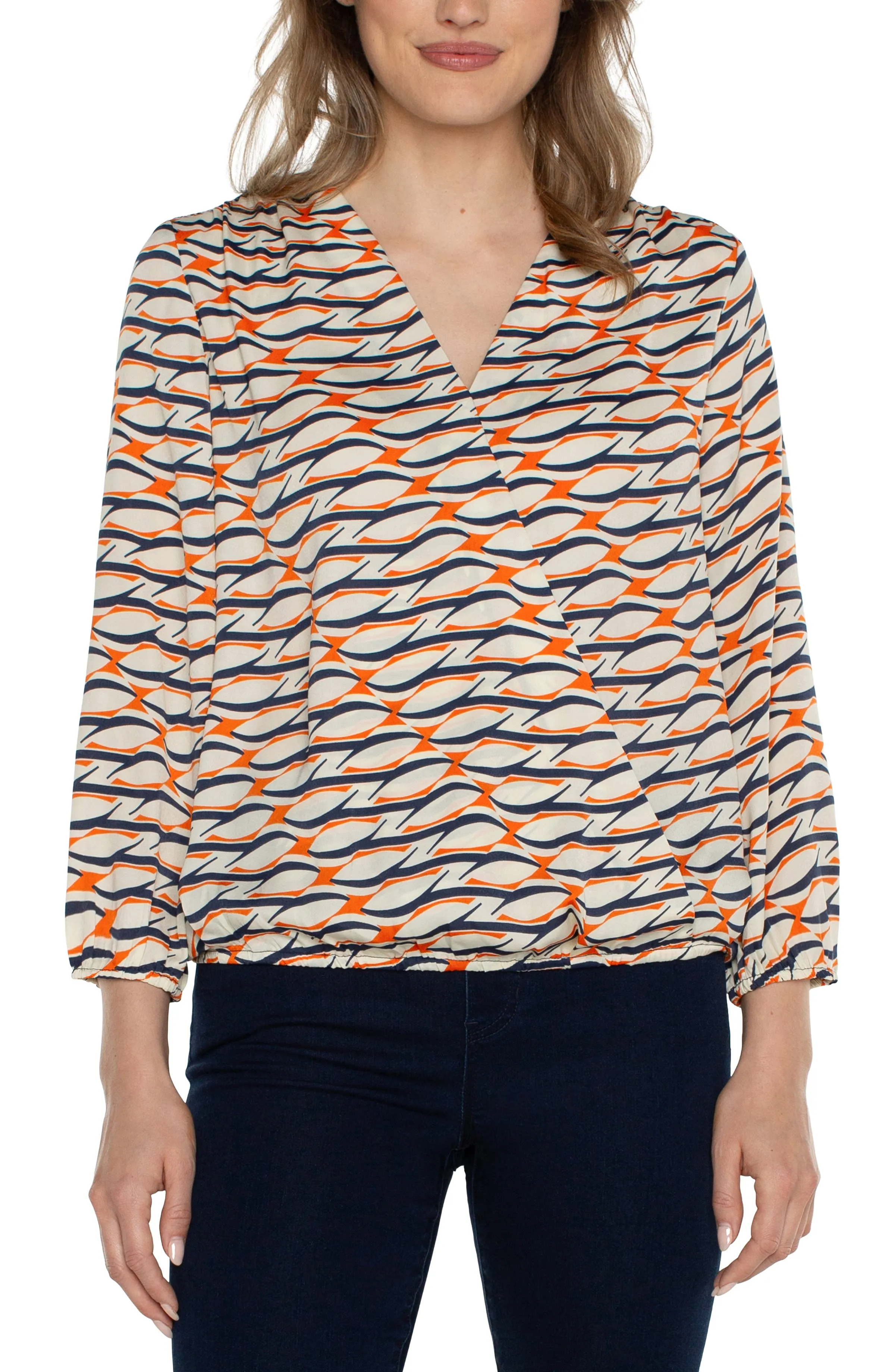 3/4 SLEEVE SURPLICE FRONT WOVEN TOP