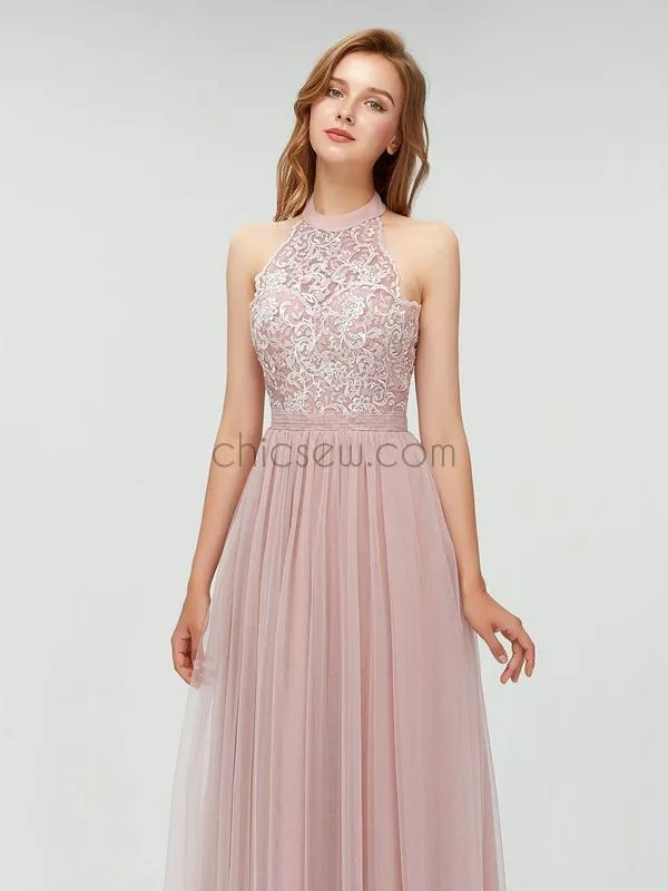 A-line Tulle Top Lace Halter Pretty Floor-length Modest Prom Dress, Popular Bridesmaid Dresses LMX1105