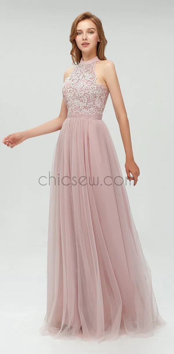 A-line Tulle Top Lace Halter Pretty Floor-length Modest Prom Dress, Popular Bridesmaid Dresses LMX1105