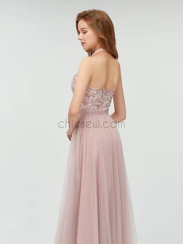 A-line Tulle Top Lace Halter Pretty Floor-length Modest Prom Dress, Popular Bridesmaid Dresses LMX1105