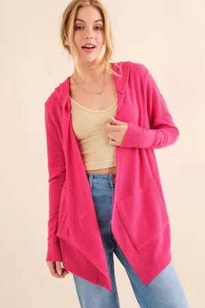 And The Why Thermal Hooded Open Front Cardigan with Pockets in Fuchsia