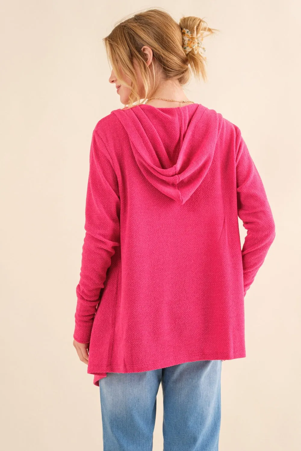 And The Why Thermal Hooded Open Front Cardigan with Pockets in Fuchsia