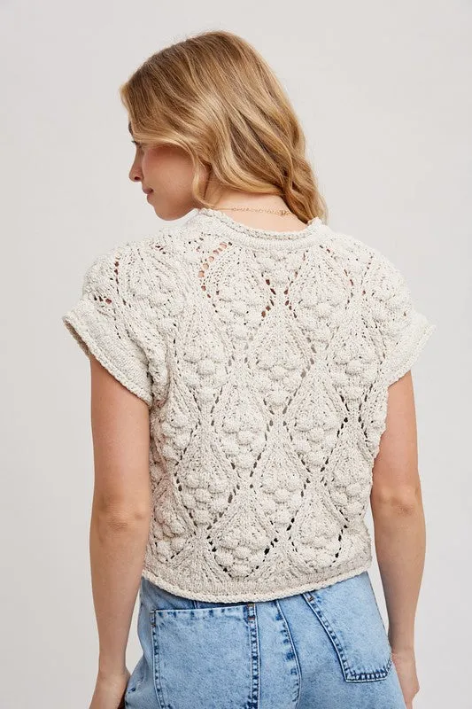 Annalise Short Sleeve Crochet Cropped Sweater Top Natural