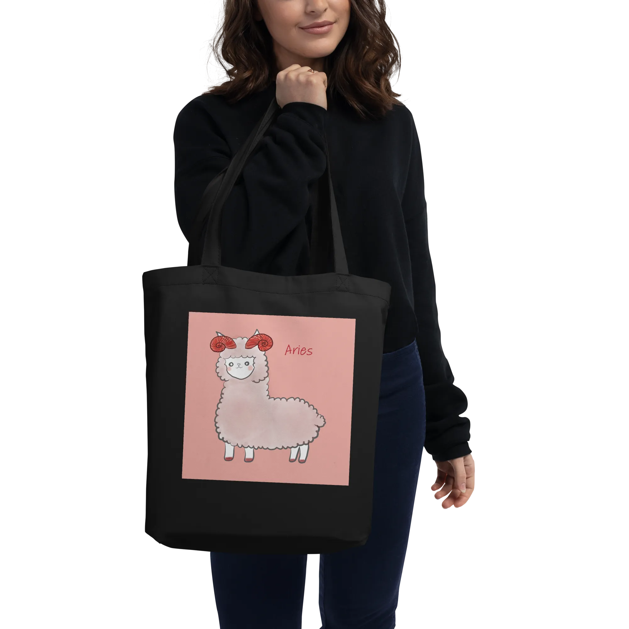 Astrology Tote Bag with Alpaca Zodiac Sign Aries Organic Cotton Birthday Gift