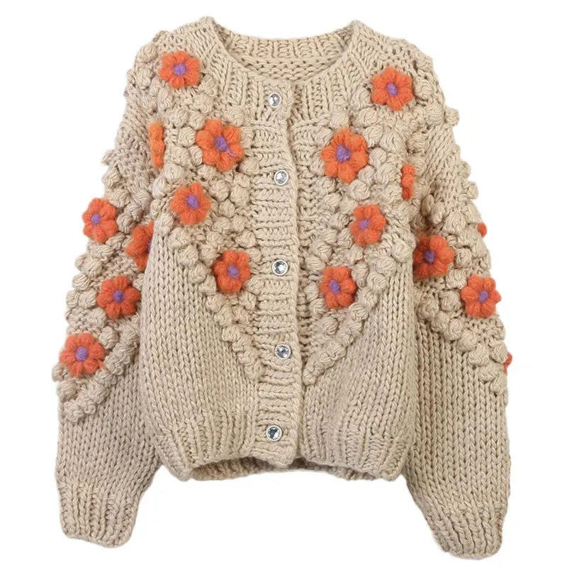 Autumn And Winter Sweater Hand-crocheted Thick Stick Needle Cute Flower Fur Ball Sweet Knitted Coat Sweater Cardigan  C-272