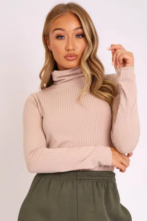 Beige Ribbed High Neck Long Sleeve Top - Marci