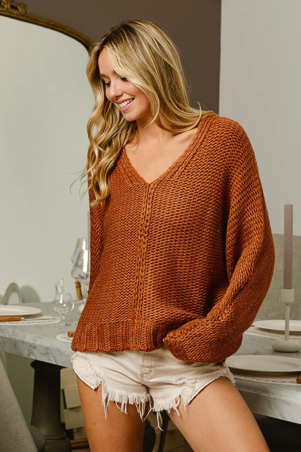 BiBi V-Neck Cable Knit Sweater in Cinnamon