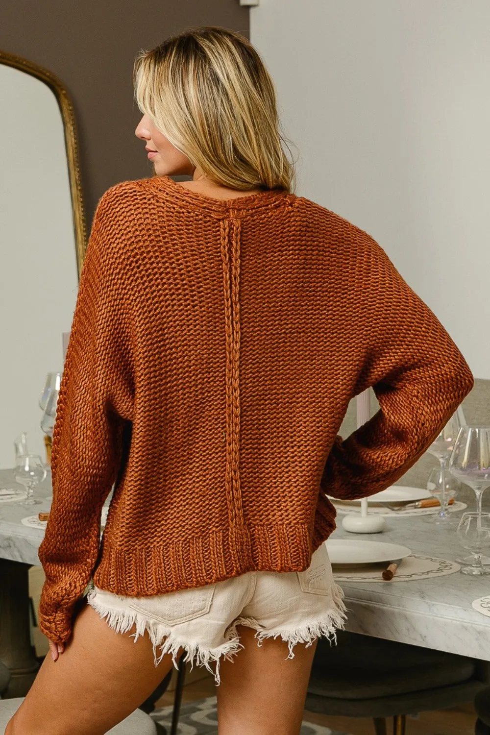 BiBi V-Neck Cable Knit Sweater in Cinnamon