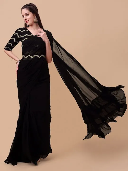 Black & Gold-Toned Ruffle Saree