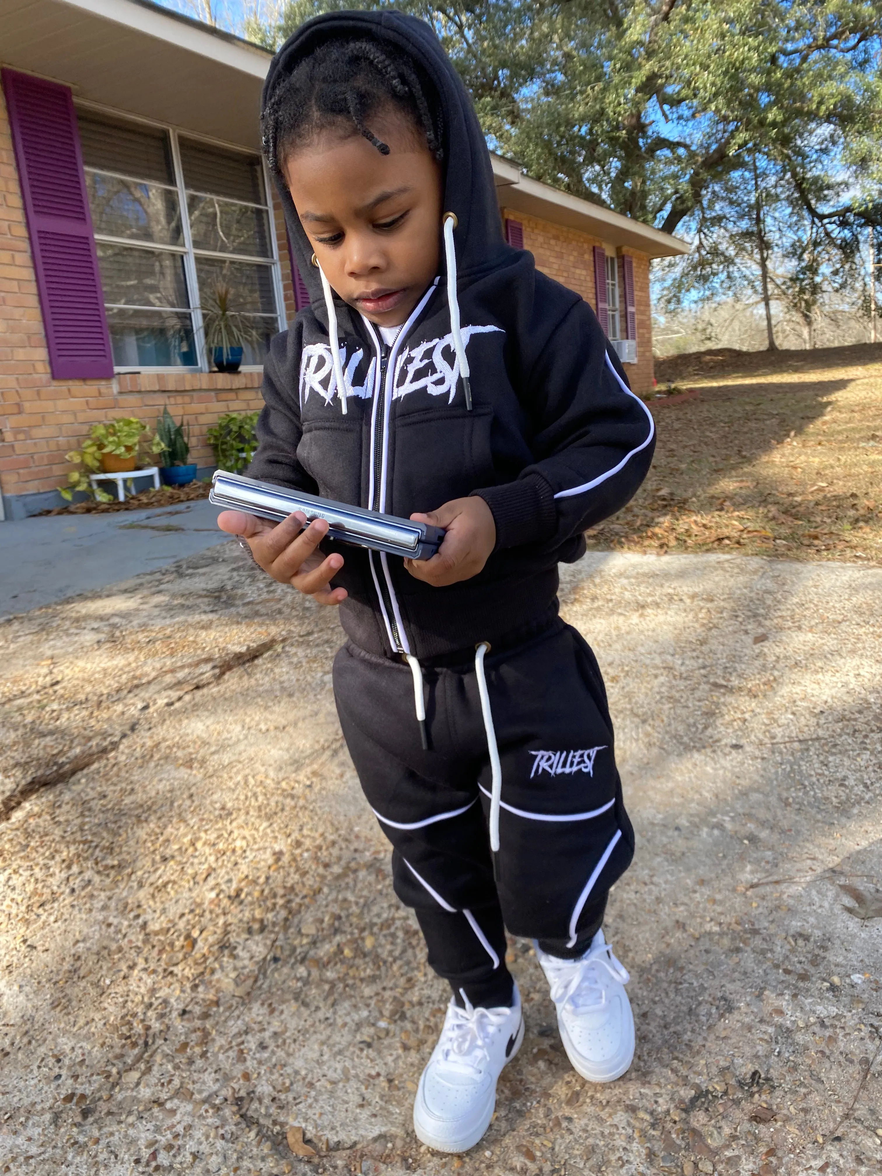 Black Big Kids Zip Up Hoodie Set