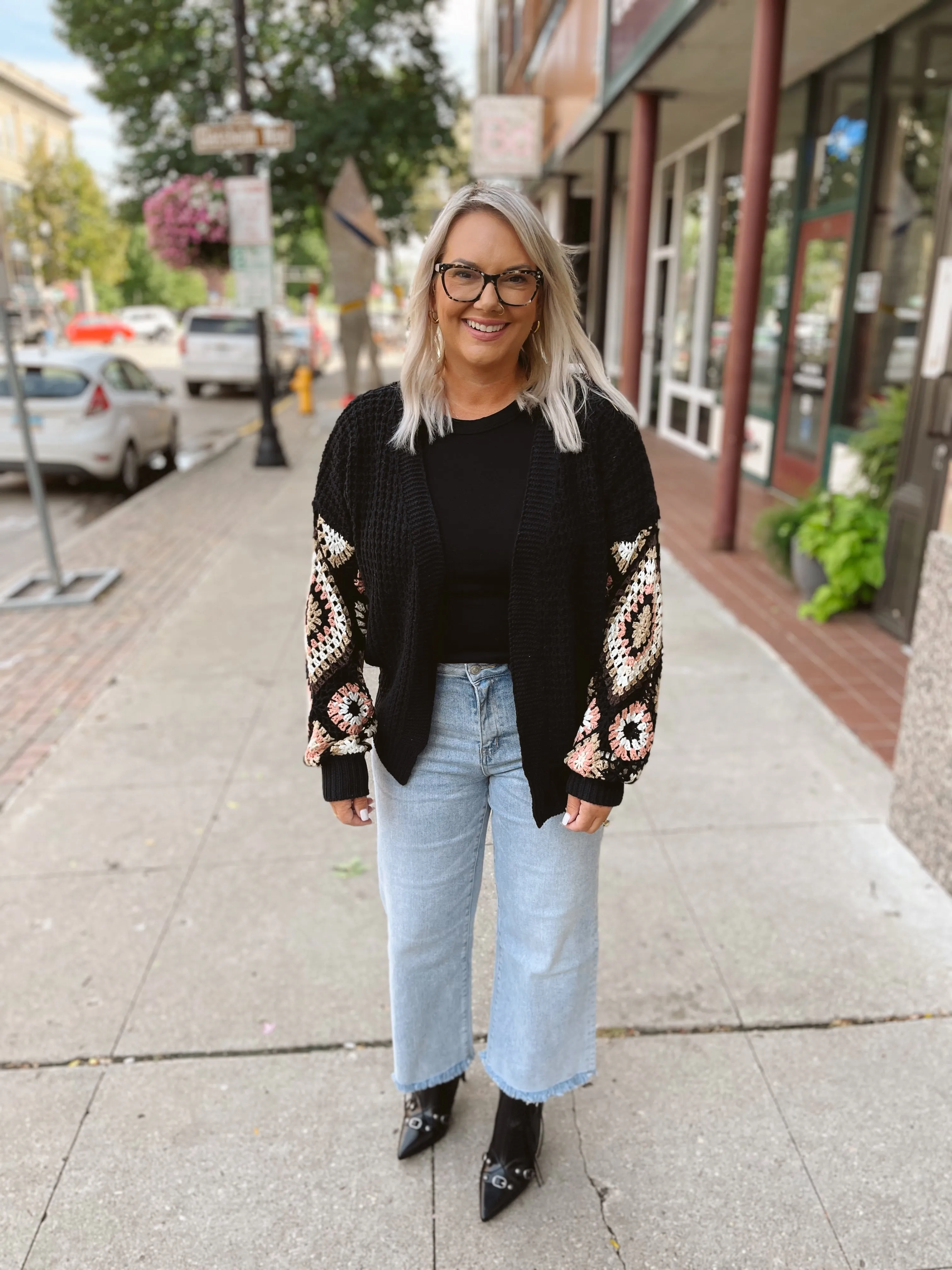 Black Crochet Knit Cardigan