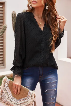 Black Elegant V-Neck Swiss Dot Lace Blouse