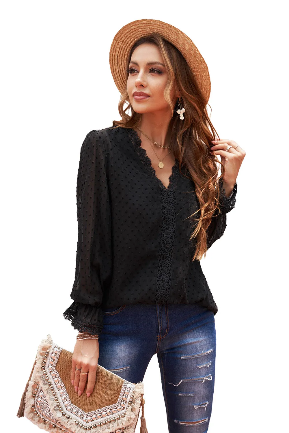 Black Elegant V-Neck Swiss Dot Lace Blouse