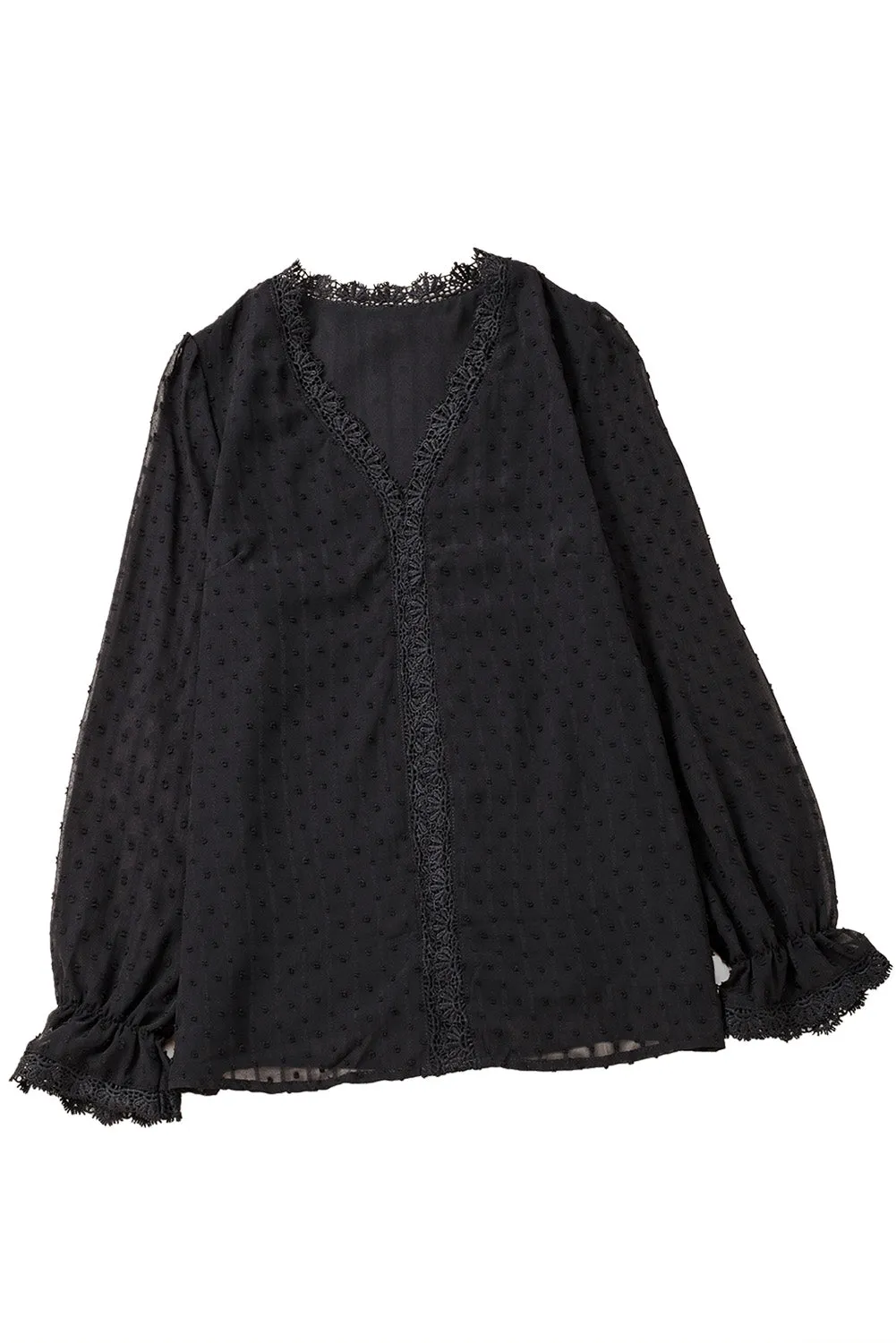 Black Elegant V-Neck Swiss Dot Lace Blouse