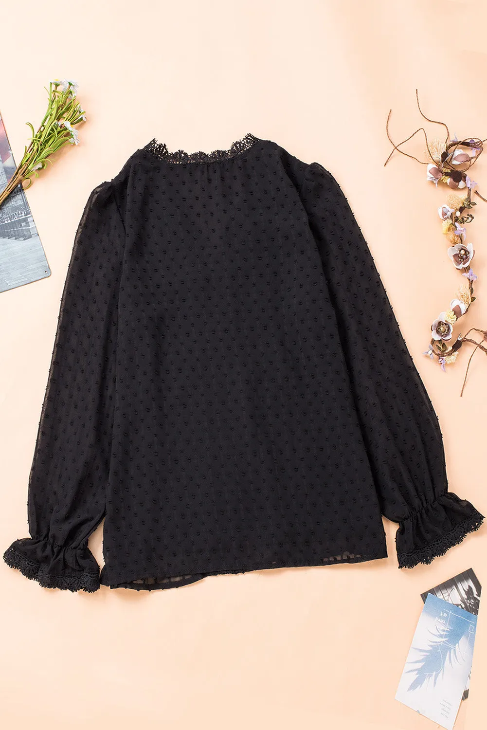 Black Elegant V-Neck Swiss Dot Lace Blouse