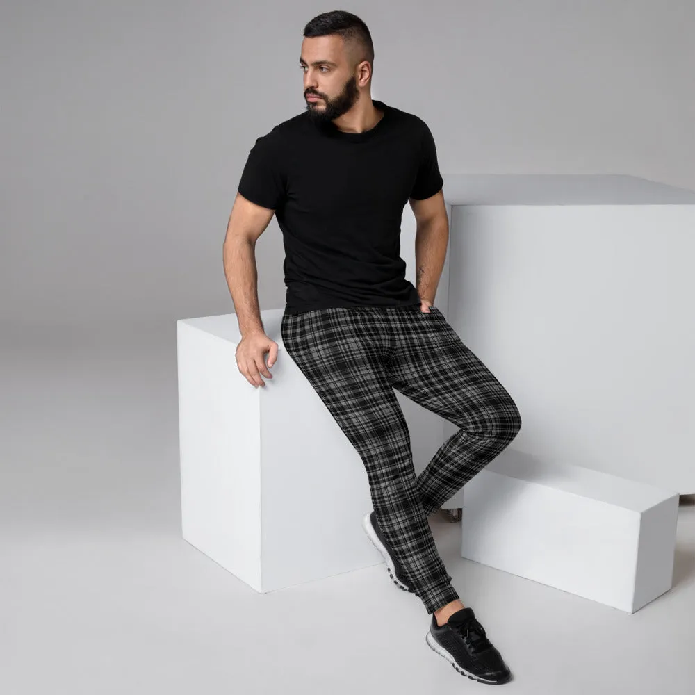 Black Grey Plaid Men's Joggers, Tartan Print Classic Premium Soft Sweatpants-Made in EU