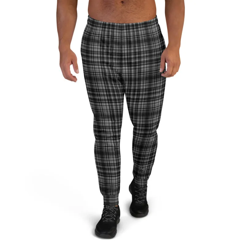 Black Grey Plaid Men's Joggers, Tartan Print Classic Premium Soft Sweatpants-Made in EU