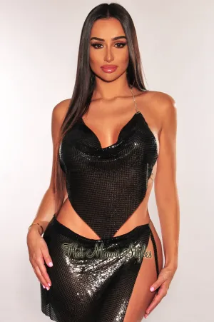 Black Metallic Chainmail Halter V Hem Crop Top