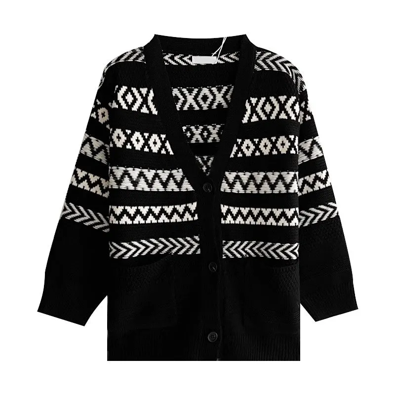 black v-neck casual knitted cardigan jacket    S4778