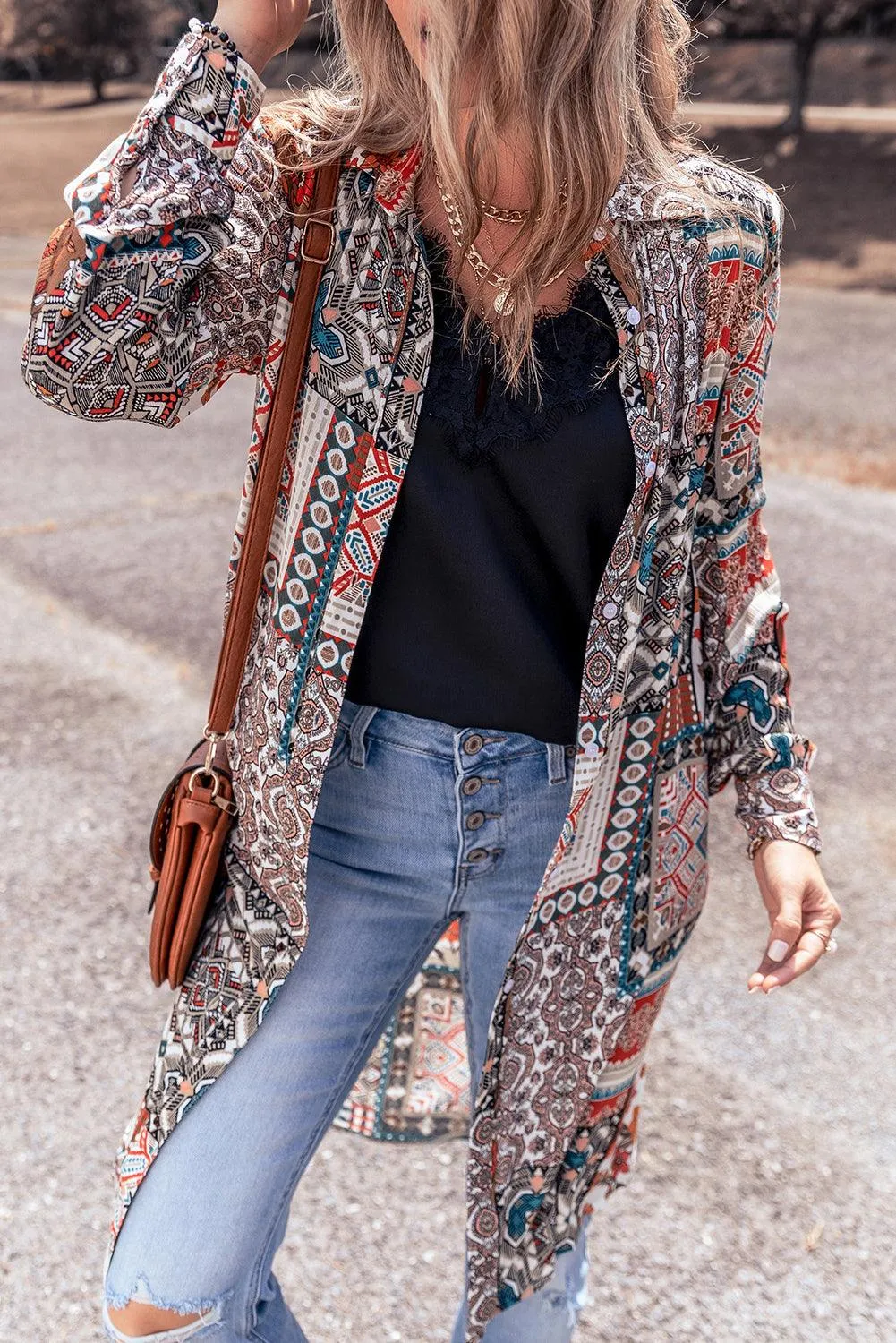 Boho Mix Print Long Kimono Cardigan for Women