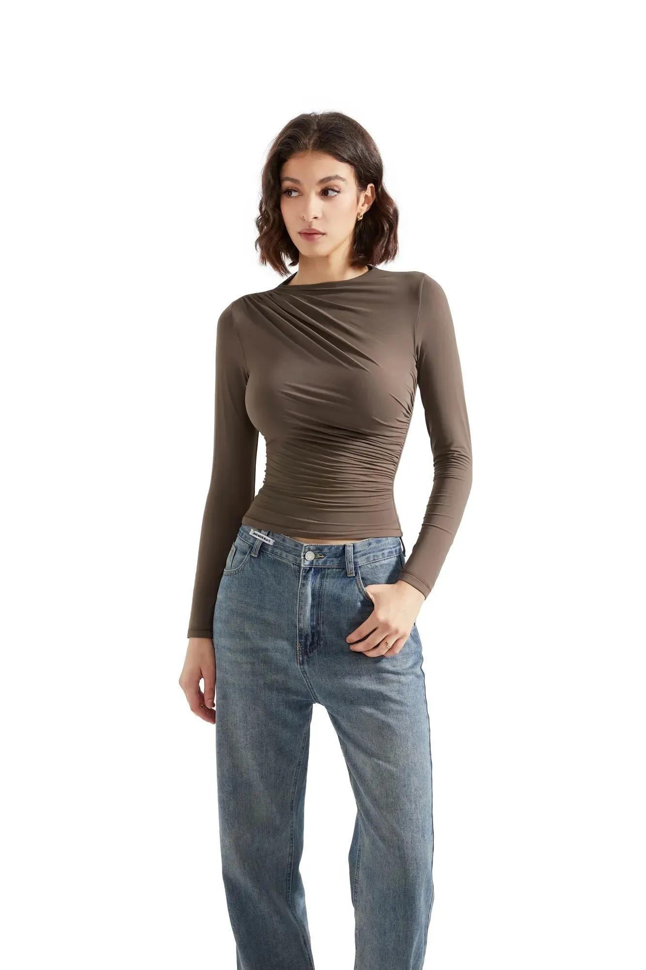 Buttery Soft Ruched Neck Shirt - Long Sleeve