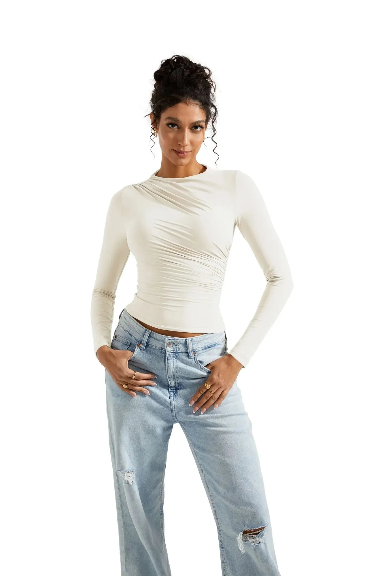 Buttery Soft Ruched Neck Shirt - Long Sleeve