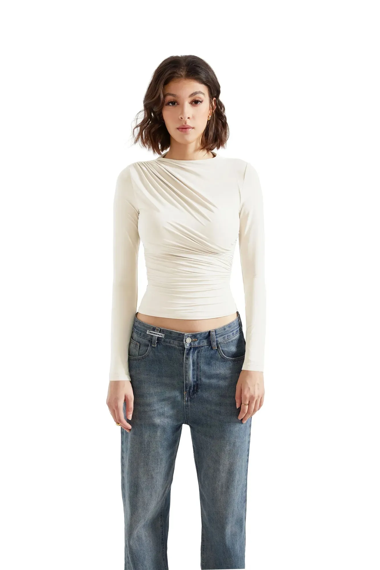 Buttery Soft Ruched Neck Shirt - Long Sleeve