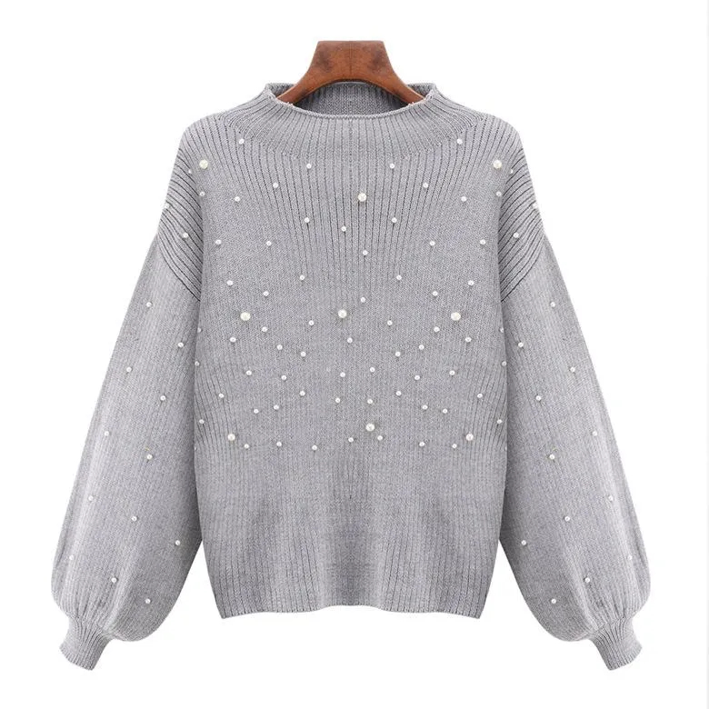 Casual Autumn Turtleneck Beading Knitted Pearl Pullover