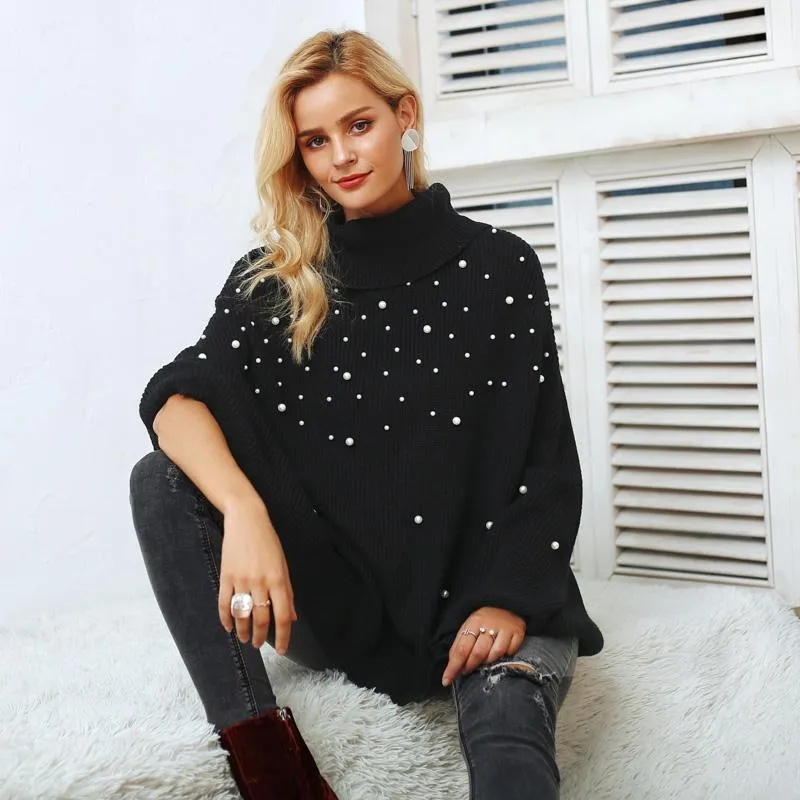 Casual Autumn Turtleneck Beading Knitted Pearl Pullover