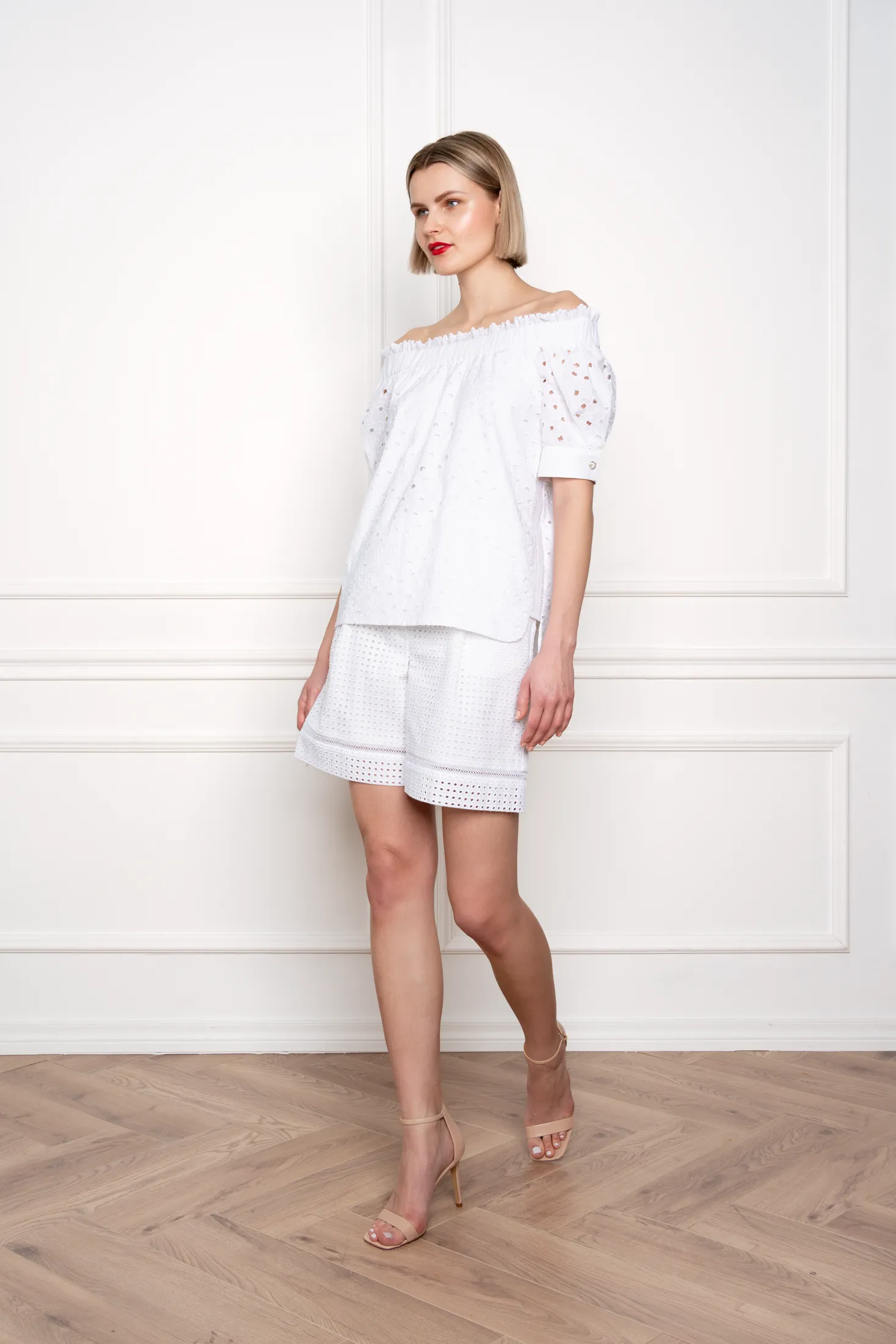 CENTELLA WHITE FLORAL BRODERIE ANGLAISE COTTON-POPLIN OFF-SHOULDER BLOUSE