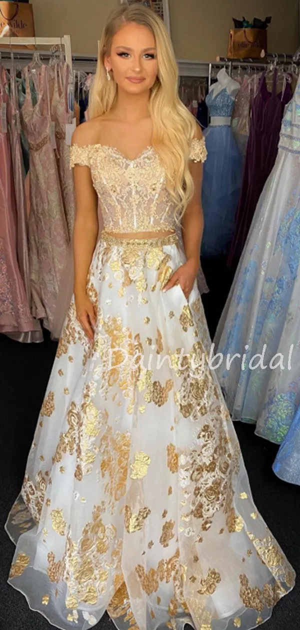 Charming Off-shoulder Tulle Lace Two-piece A-line Long Prom Dresses Evening Dresses.DB10612