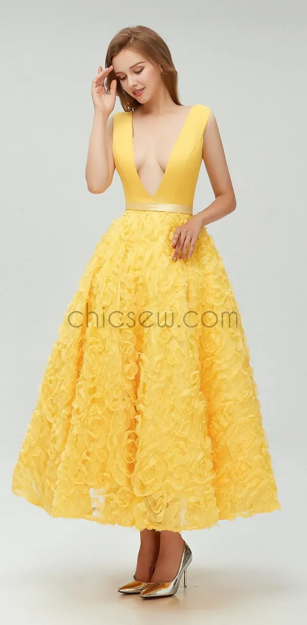 Charming Yellow  Deep V-neck A-line Pretty Fashion Prom Dresses, Homecoming Dress LMX1109