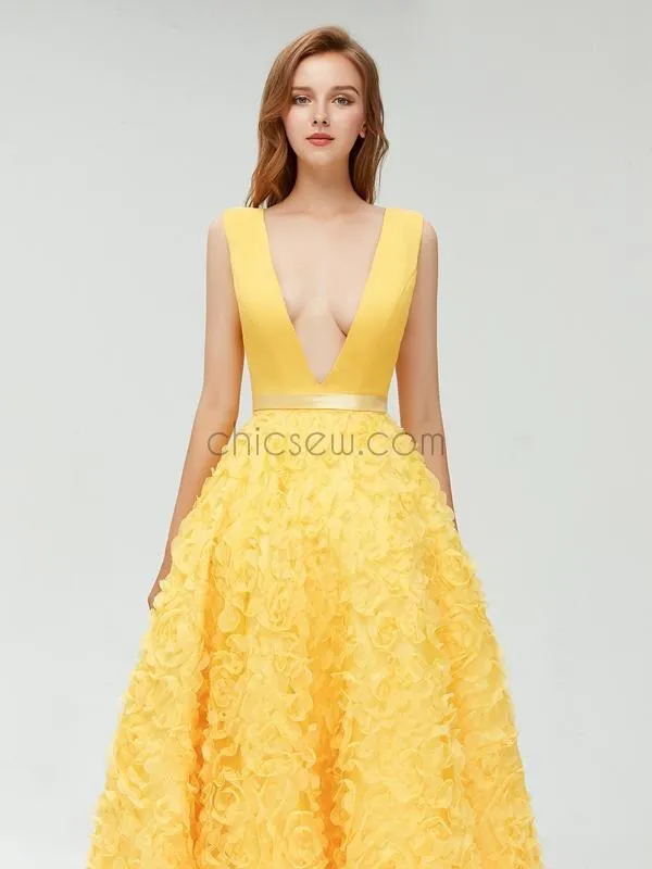 Charming Yellow  Deep V-neck A-line Pretty Fashion Prom Dresses, Homecoming Dress LMX1109