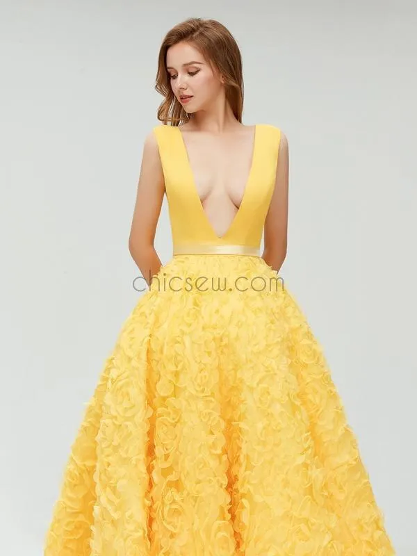 Charming Yellow  Deep V-neck A-line Pretty Fashion Prom Dresses, Homecoming Dress LMX1109