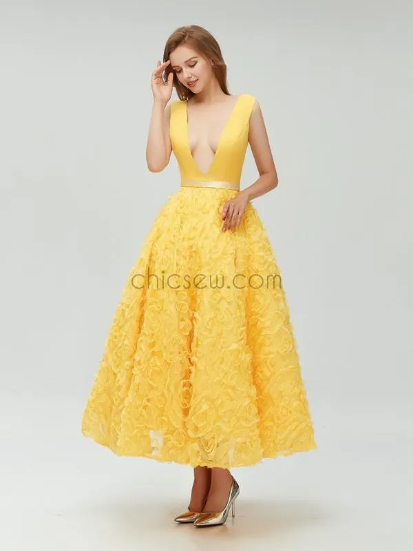 Charming Yellow  Deep V-neck A-line Pretty Fashion Prom Dresses, Homecoming Dress LMX1109