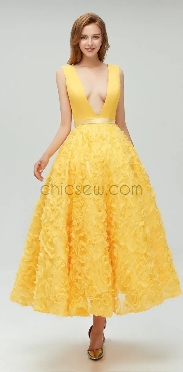 Charming Yellow  Deep V-neck A-line Pretty Fashion Prom Dresses, Homecoming Dress LMX1109