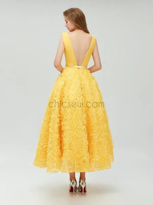 Charming Yellow  Deep V-neck A-line Pretty Fashion Prom Dresses, Homecoming Dress LMX1109