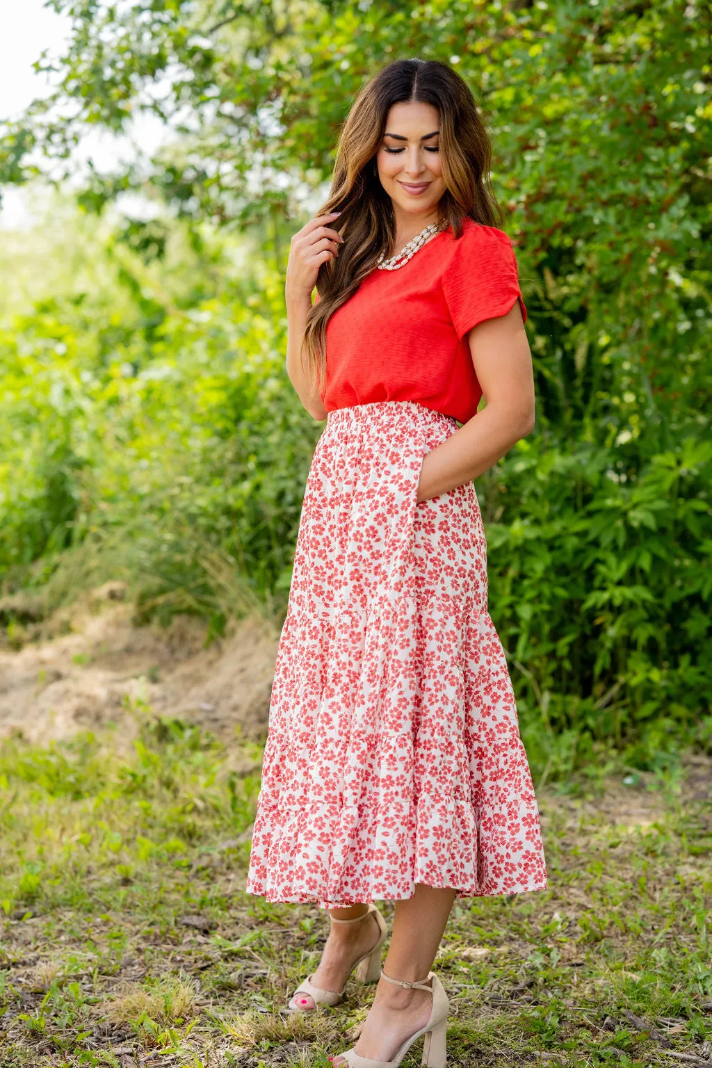 Cherry Blossoms Tiered Midi Skirt