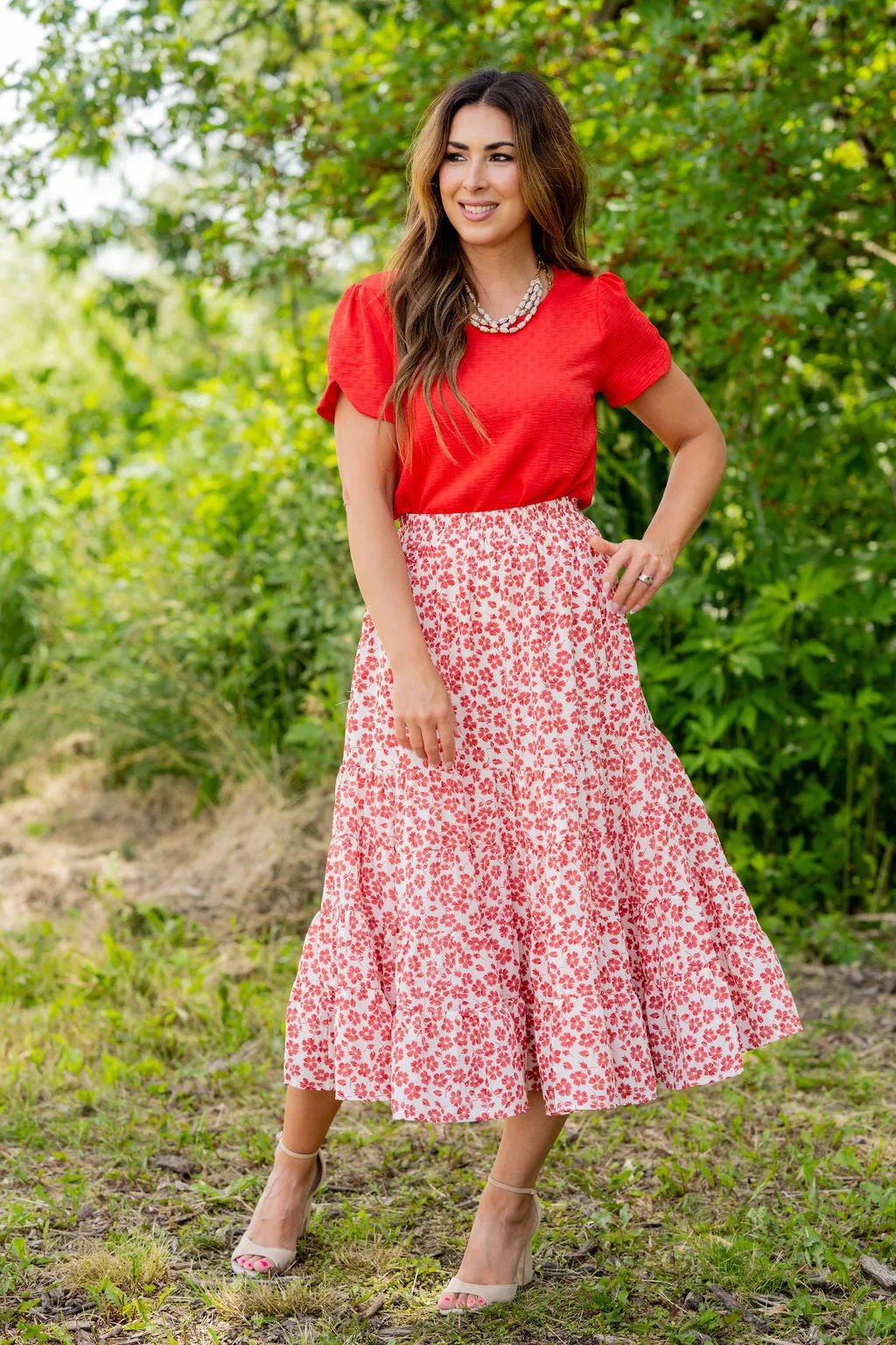 Cherry Blossoms Tiered Midi Skirt