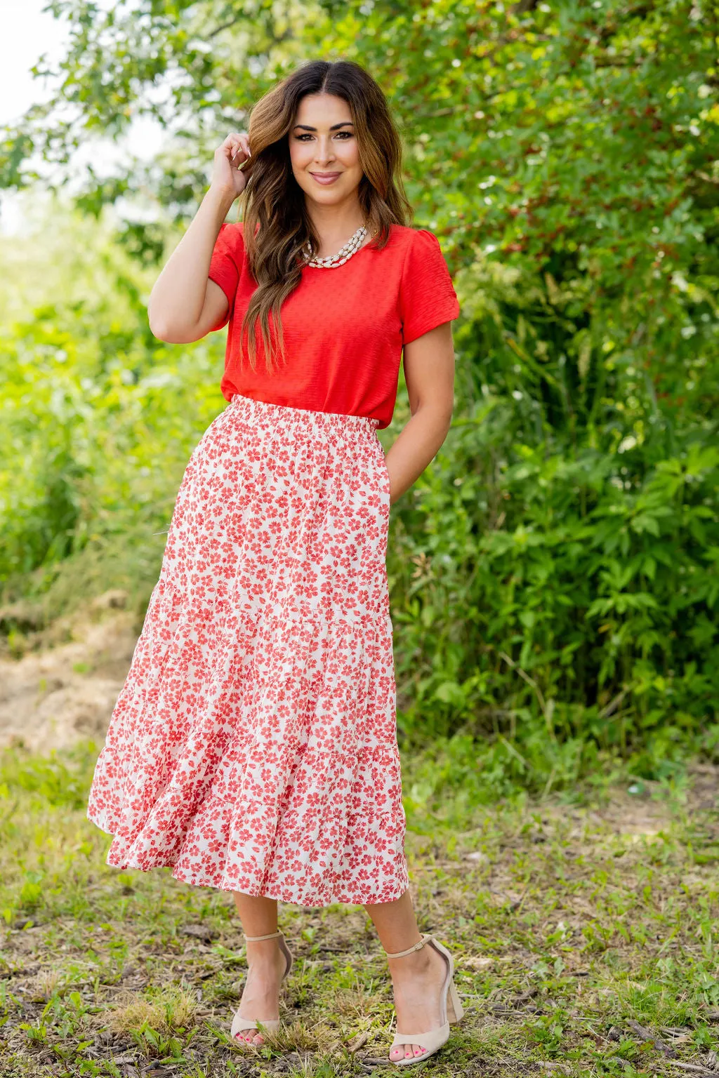 Cherry Blossoms Tiered Midi Skirt