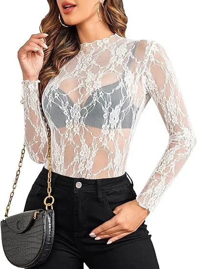 Chic Women's Long Sleeve Lace Blouse - Elegant & Transparent