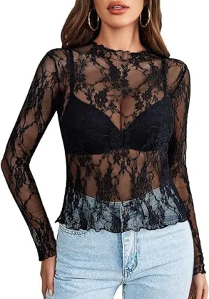 Chic Women's Long Sleeve Lace Blouse - Elegant & Transparent