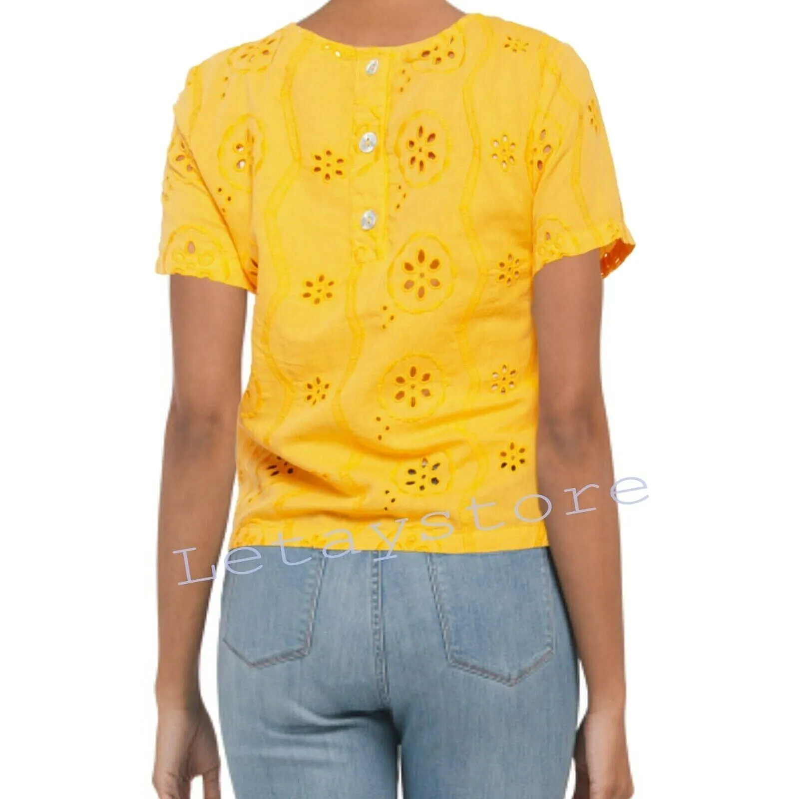 Christian Siriano Linen / Cotton Blend Tie-Front Eyelet Blouse Shirt