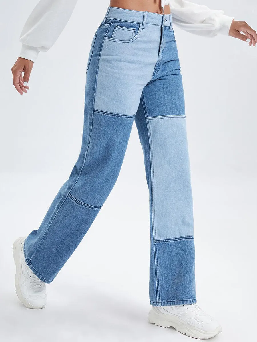 Colorblock Pocket Button Straight Leg Jeans