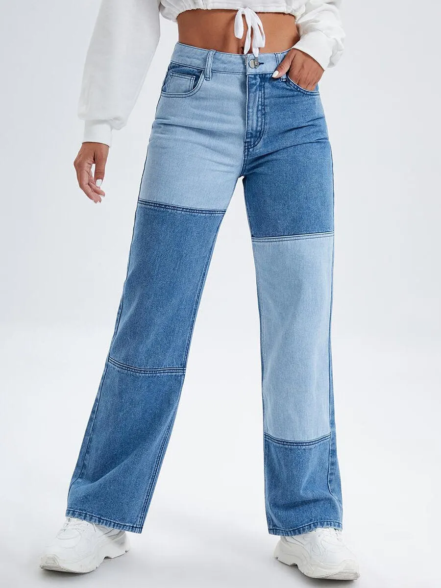 Colorblock Pocket Button Straight Leg Jeans