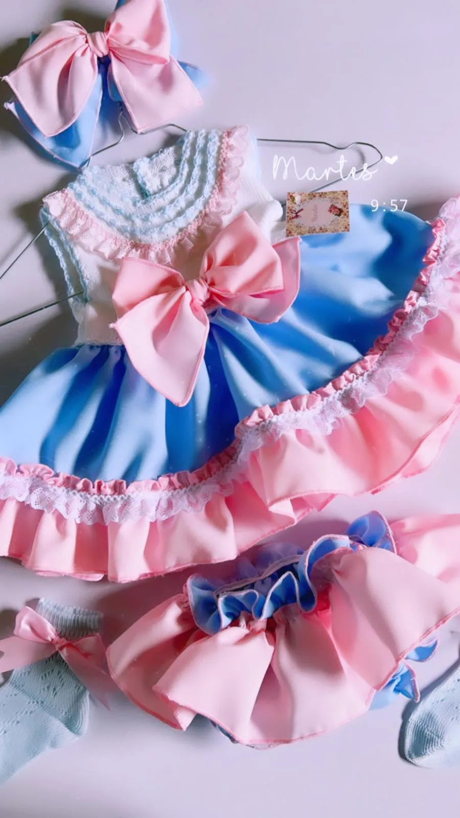 Ela Confeccion - Girls Blue & Pink Dress, Knickers & Hairpiece