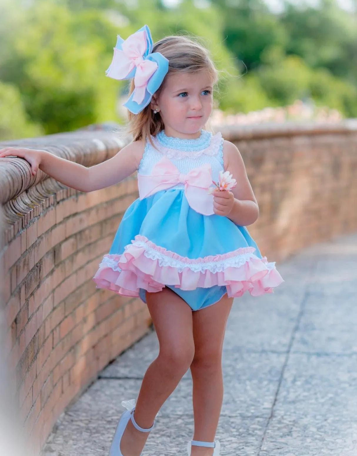 Ela Confeccion - Girls Blue & Pink Dress, Knickers & Hairpiece