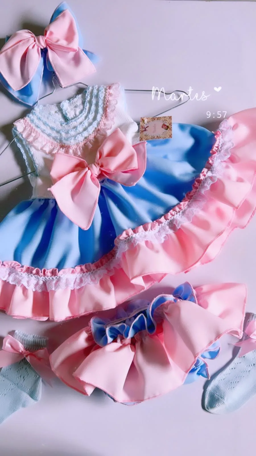 Ela Confeccion - Girls Blue & Pink Dress, Knickers & Hairpiece