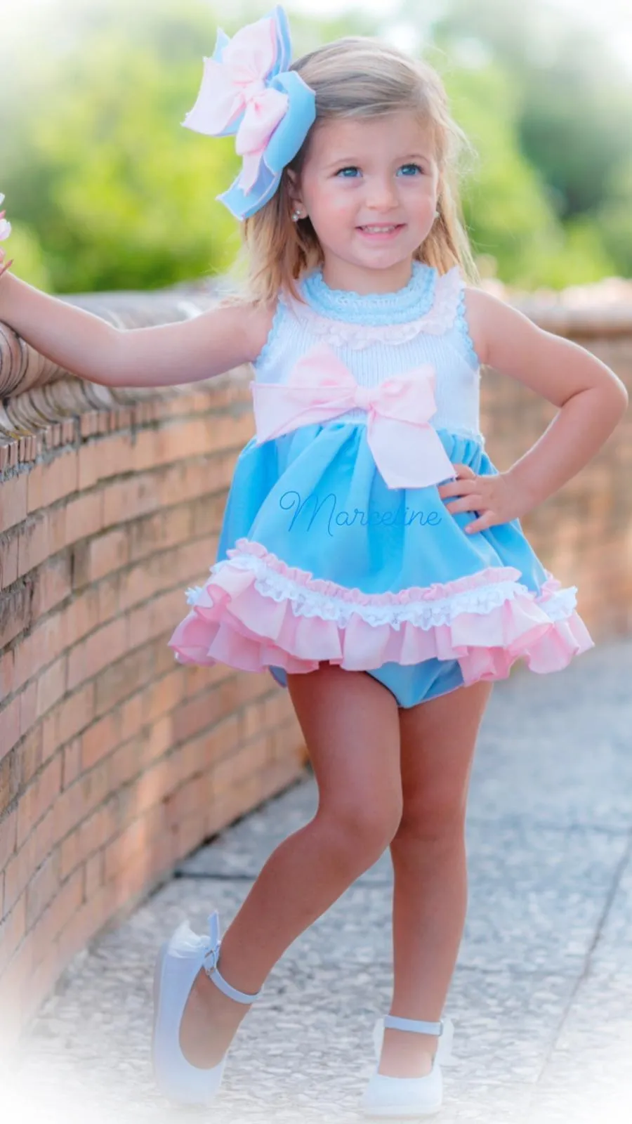 Ela Confeccion - Girls Blue & Pink Dress, Knickers & Hairpiece