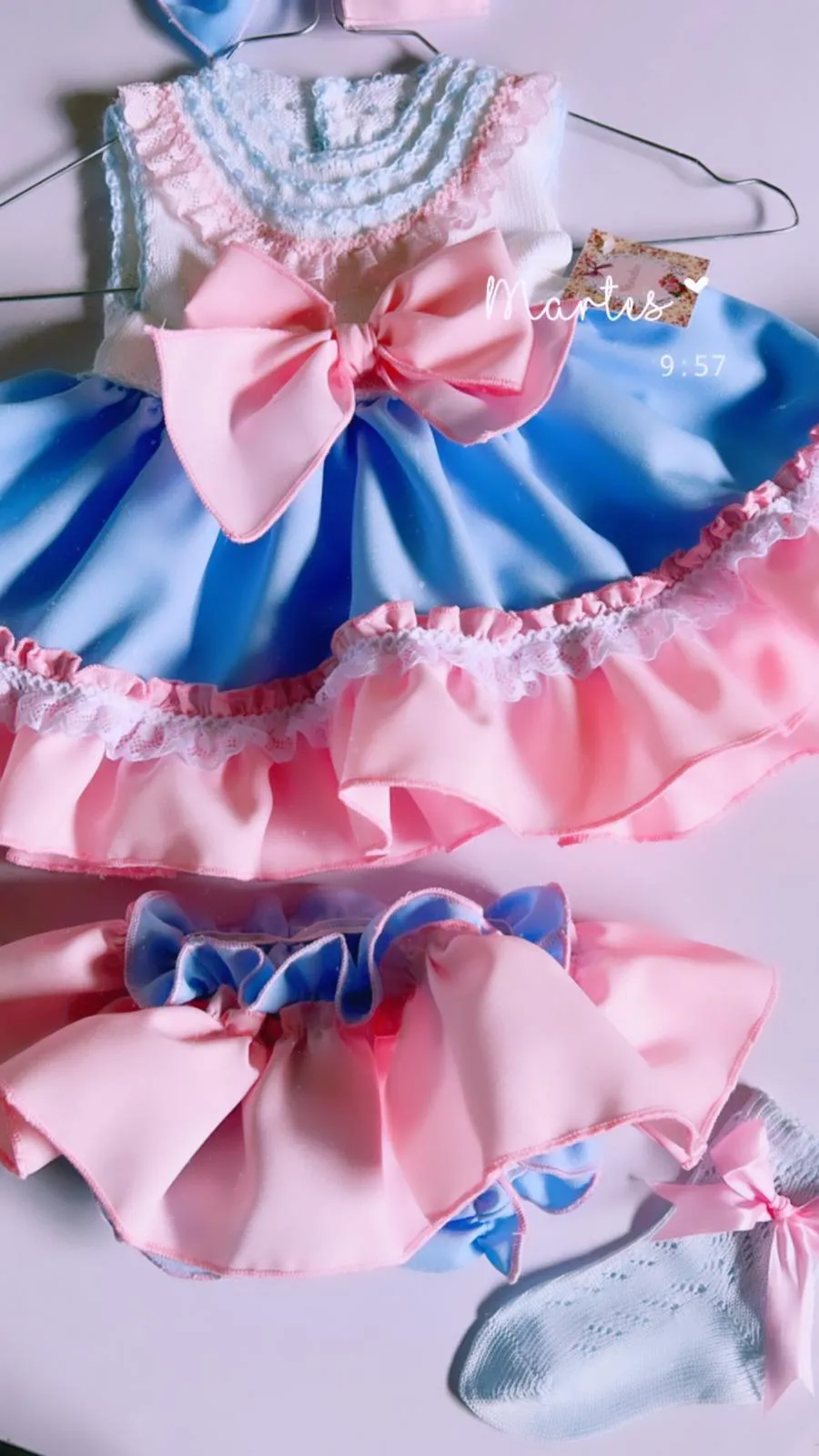 Ela Confeccion - Girls Blue & Pink Dress, Knickers & Hairpiece